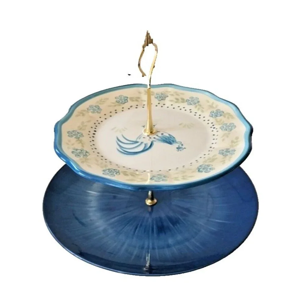 Custom 2 Tier Cake Stand Cottage Core Blue Floral Rooster Country